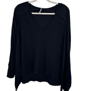 Free People Black Boho Waffle Knit Flowy Long Sleeve Pullover V-Neck,Size XS EUC